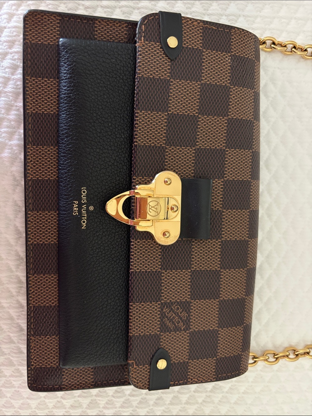 Louis Vuitton Brown Damier Ebene Chain Crossbody Wallet with Black Trim